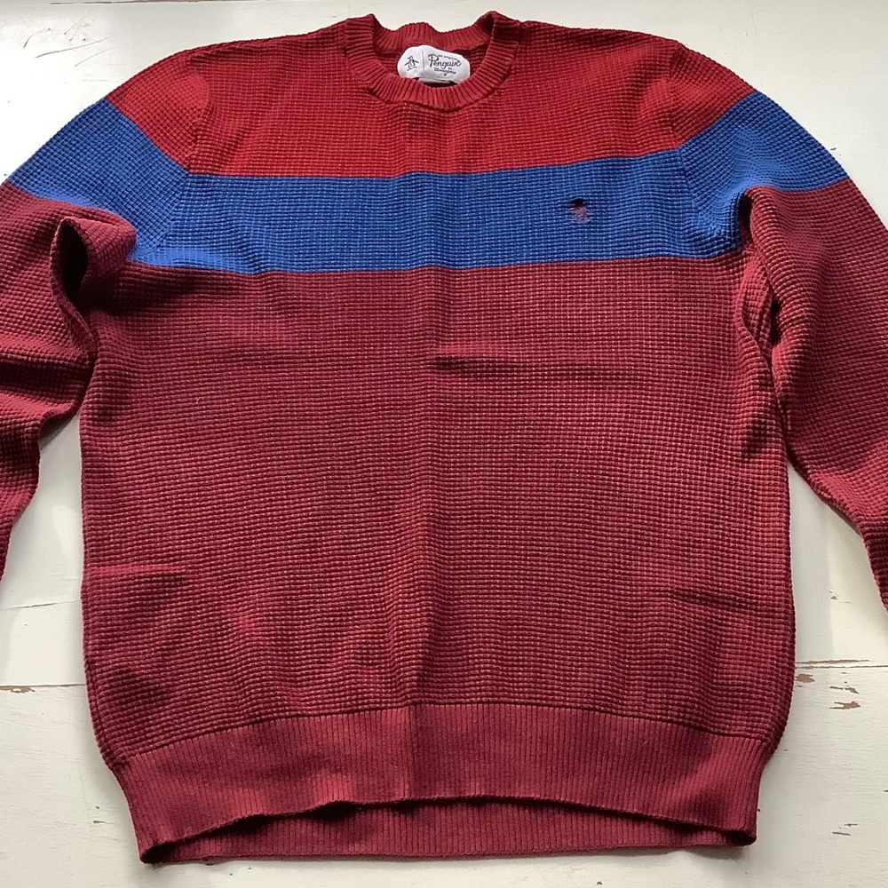 Penguin Thermal Waffle Knit Red Blue Crew neck Sweater Large
